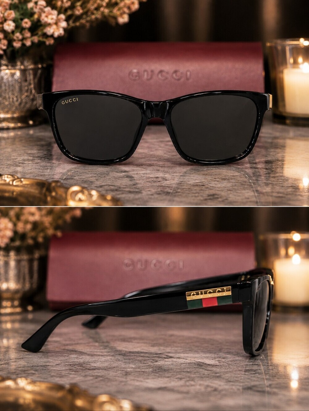 Gucci GG0746S Black Square Sunglasses Gold Logo Web Stripe Unisex Italy